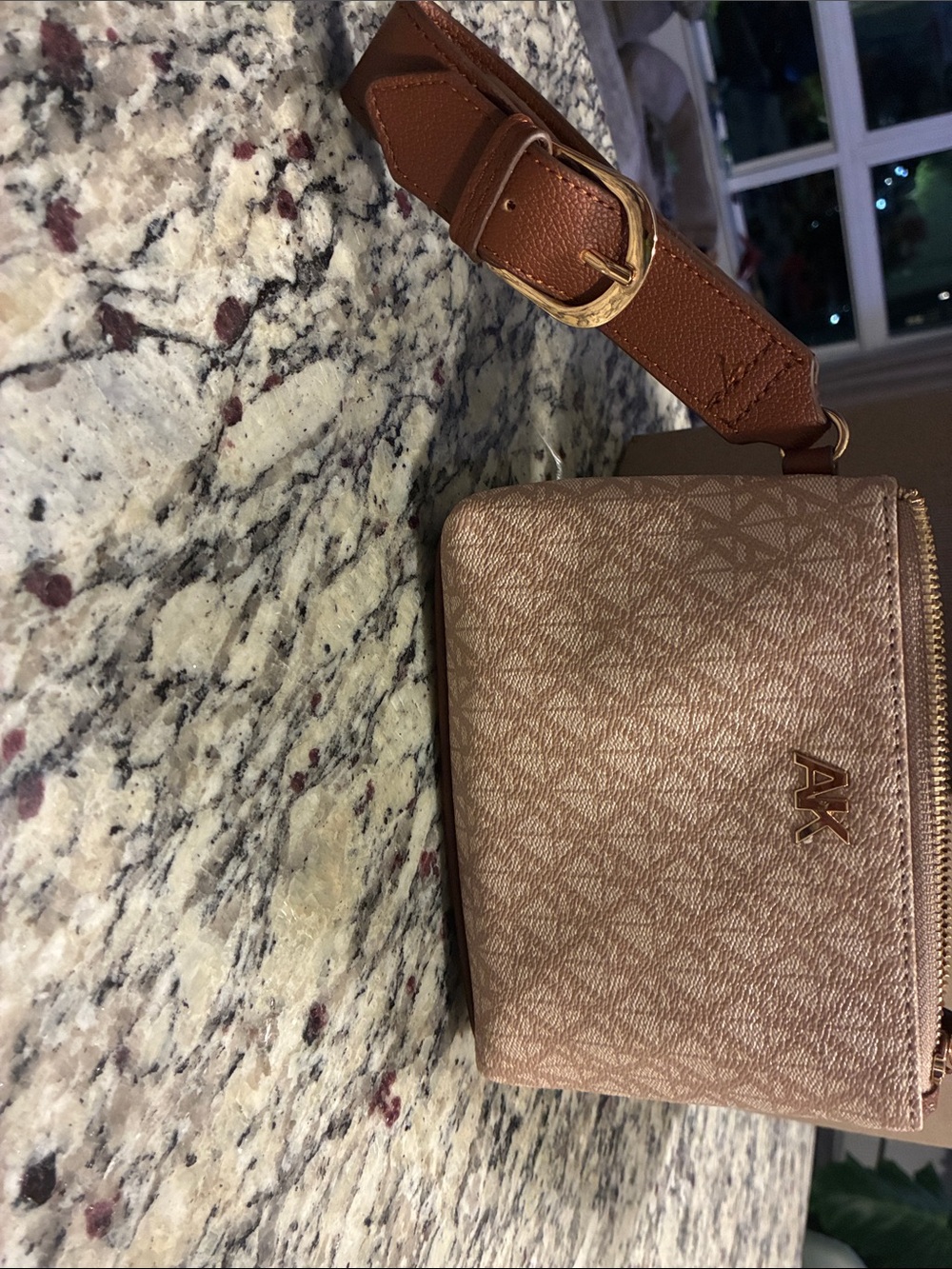 Anne Klein Metallic Rose Gold Bag with Adjustable Brown Strap. Gold hardware.